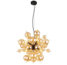 Pendul modern cu multe sfere din sticlă de diferite dimensiuni pe un corp central pentru iluminarea decorativă a încăperii