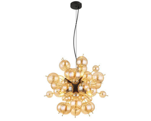 Pendul modern cu multe sfere din sticlă de diferite dimensiuni pe un corp central pentru iluminarea decorativă a încăperii