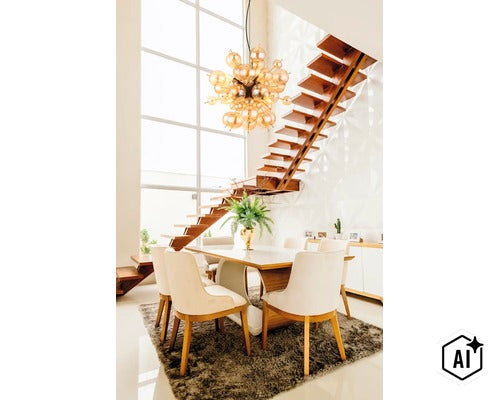 Sufragerie cu lampă suspendată modernă din globuri de sticlă, scară de lemn, masă de dining și scaune într-un spațiu luminos și deschis. (Image AI modified or generated)