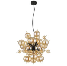 Pendul modern cu numeroase sfere de sticlă rotunde de diferite dimensiuni pentru iluminat decorativ interior.