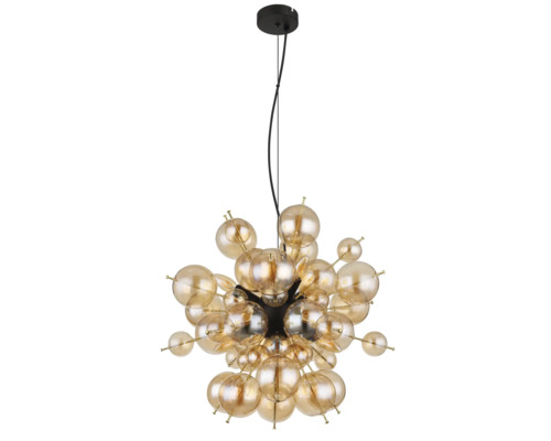 Pendul modern cu numeroase sfere de sticlă rotunde de diferite dimensiuni pentru iluminat decorativ interior.