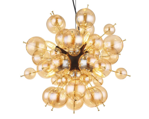Pendul modern cu multe sfere de sticlă de dimensiuni diferite pe un suport central pentru un design decorativ.