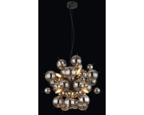Lampa suspendata moderna cu multe elemente sferice din sticla dispuse sub forma de ciorchine pentru iluminatul interior.