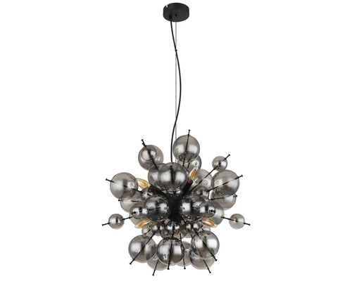 Pendul modern cu multe sfere de sticla de diferite dimensiuni si suspensie centrala.