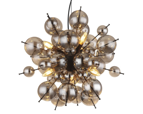 Candelabru modern cu numeroase sfere din sticla si accente metalice pentru iluminat interior exclusivist
