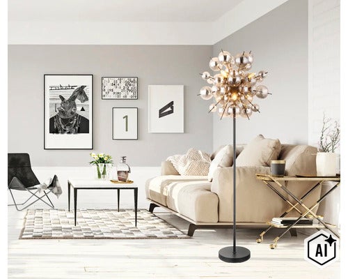 Lampadar modern cu globuri din sticla intr-un living cu canapea, masuta de cafea si decoratiuni de perete. (Image AI modified or generated)