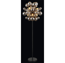 Lampadar modern cu numeroase elemente sferice din sticlă și cadru metalic subțire