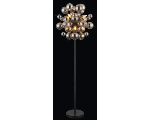 Lampadar modern cu numeroase elemente sferice din sticlă și cadru metalic subțire