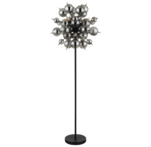Lampadar modern cu numeroase sfere de sticla dispuse sub forma unei sfere, pe un suport metalic zvelt cu baza rotunda.