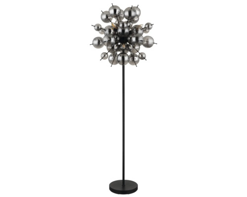 Lampadar modern cu numeroase sfere de sticla dispuse sub forma unei sfere, pe un suport metalic zvelt cu baza rotunda.