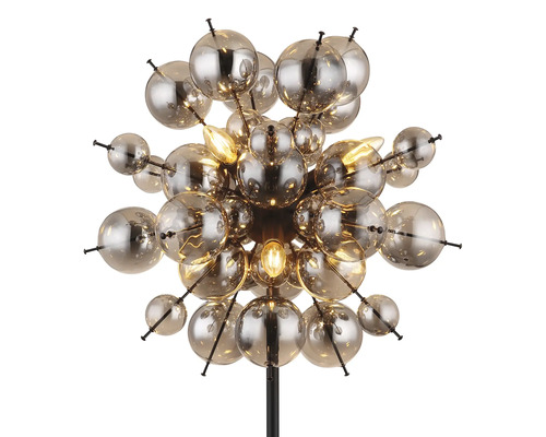 Lampadar modern de design cu numeroase sfere luminoase din sticlă aranjate sub formă de sferă pe un suport