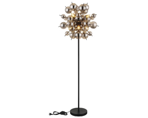 Lampadar modern cu multe sfere din sticlă pe un suport metalic subțire.