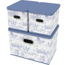 Set de trei cutii de depozitare cu capac și imprimeu cu motiv de vânătoare, dotate cu orificii de prindere argintii pentru organizare.