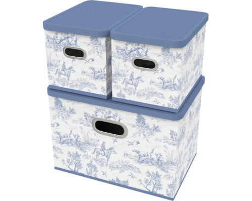 Set de trei cutii de depozitare cu capac și imprimeu cu motiv de vânătoare, dotate cu orificii de prindere argintii pentru organizare.