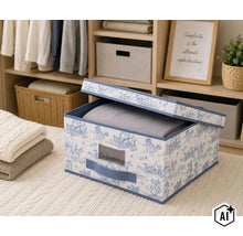 Cutie de depozitare cu capac și model Toile de Jouy din material textil, cu mâner și fereastră transparentă, așezată pe un pat. (Image AI modified or generated)