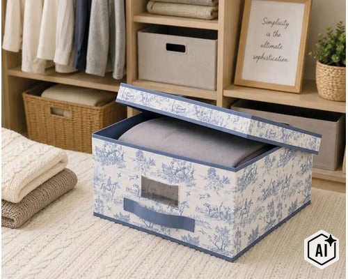 Cutie de depozitare cu capac și model Toile de Jouy din material textil, cu mâner și fereastră transparentă, așezată pe un pat. (Image AI modified or generated)