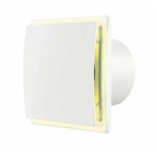 Ventilator de baie pătrat cu panou frontal plat și iluminare integrată pentru montare pe perete.