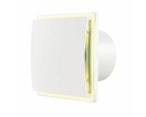 Ventilator de baie pătrat cu panou frontal plat și iluminare integrată pentru montare pe perete.