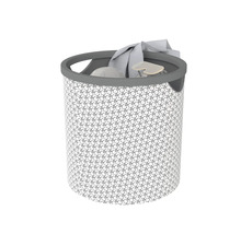 Coș de rufe rotund din material textil cu model geometric și mânere integrate