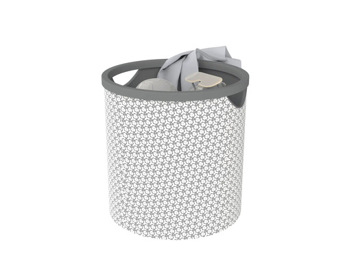 Coș de rufe rotund din material textil cu model geometric și mânere integrate