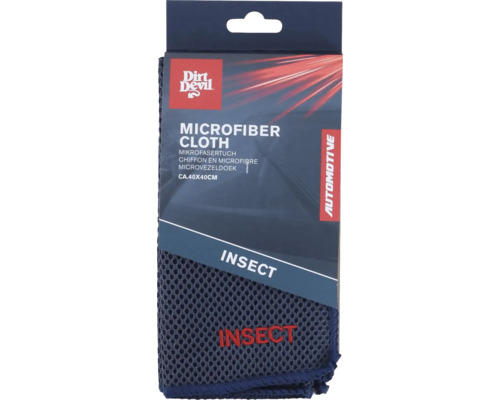 Sigla Dirt Devil pe ambalajul unei lavete din microfibră pentru îndepărtarea insectelor de pe mașini, aproximativ 40 pe 40 centimetri.