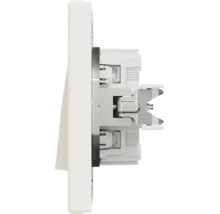 Vedere laterală a unui întrerupător cu basculă cu inserție încastrată din plastic și metal pentru instalații electrice.