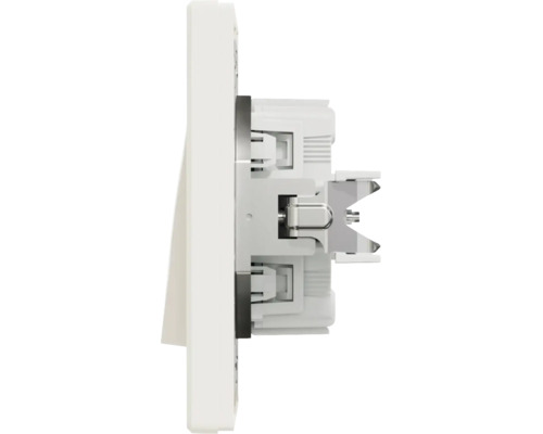Vedere laterală a unui întrerupător cu basculă cu inserție încastrată din plastic și metal pentru instalații electrice.