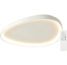 Plafonieră LED modernă cu formă asimetrică, lumină albă caldă și telecomandă albă.