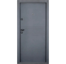 Ușă de intrare metalică modernă cu caneluri orizontale, vizor, două încuietori și mâner negru.