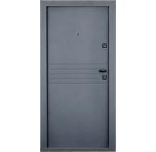 Ușă de intrare din metal în culoarea antracit cu frezări orizontale, vizor, mâner negru și broască de siguranță.