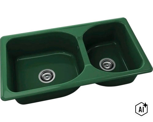 Chiuvetă încorporabilă dublă verde cu două cuve de dimensiuni diferite și site de scurgere. (Image AI modified or generated)