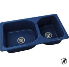 Chiuvetă de bucătărie dublă, albastru închis, cu două cuve și ventile tip sită din oțel inoxidabil. (Image AI modified or generated)