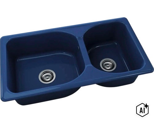 Chiuvetă de bucătărie dublă, albastru închis, cu două cuve și ventile tip sită din oțel inoxidabil. (Image AI modified or generated)
