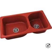 Chiuvetă dublă roșie din ceramică cu două cuve și ventile cu sită. (Image AI modified or generated)