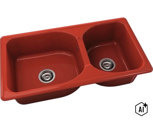 Chiuvetă dublă roșie din ceramică cu două cuve și ventile cu sită. (Image AI modified or generated)