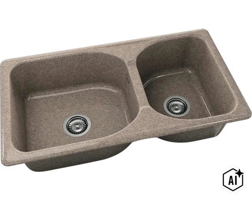 Chiuvetă de bucătărie dublă din material compozit cu două cuve de dimensiuni diferite și ventil cu sită integrat. (Image AI modified or generated)