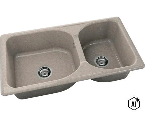 Chiuvetă încorporabilă din compozit de granit cu o cuvă mare și una mică, inclusiv ventile tip sită. (Image AI modified or generated)