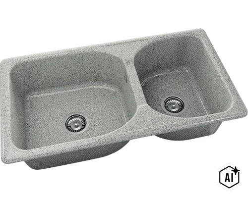 Chiuvetă de bucătărie din compozit de granit gri cu o cuvă mare și una mică și două site de scurgere. (Image AI modified or generated)