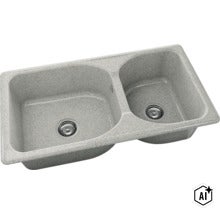 Chiuvetă dublă din compozit de granit cu două cuve de dimensiuni diferite, două scurgeri și un preaplin. (Image AI modified or generated)