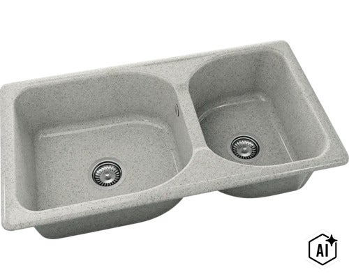 Chiuvetă dublă din compozit de granit cu două cuve de dimensiuni diferite, două scurgeri și un preaplin. (Image AI modified or generated)
