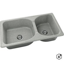 Chiuvetă încorporabilă din compozit de granit cu două cuve de dimensiuni diferite și ventile sită. (Image AI modified or generated)