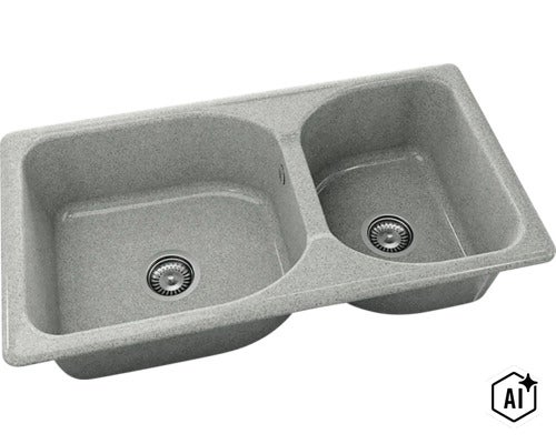 Chiuvetă încorporabilă din compozit de granit cu două cuve de dimensiuni diferite și ventile sită. (Image AI modified or generated)