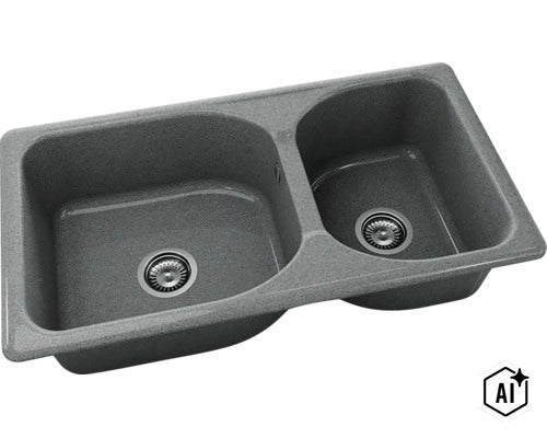 Chiuvetă încorporabilă dublă din compozit de granit antracit cu două cuve de dimensiuni diferite și ventile cu sită. (Image AI modified or generated)