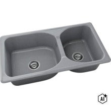 Chiuvetă încorporabilă din compozit de granit gri cu două cuve și ventile cu sită. (Image AI modified or generated)