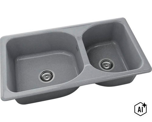 Chiuvetă încorporabilă din compozit de granit gri cu două cuve și ventile cu sită. (Image AI modified or generated)