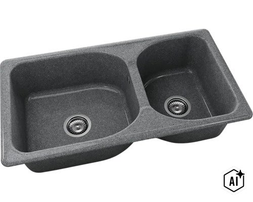 Chiuvetă dublă de bucătărie gri din compozit de granit cu două cuve de dimensiuni diferite și ventile cu sită. (Image AI modified or generated)