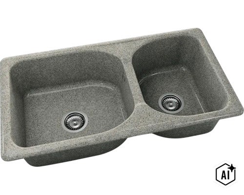 Chiuvetă de bucătărie dublă din compozit de granit gri punctat cu două cuve și ventile cu sită. (Image AI modified or generated)