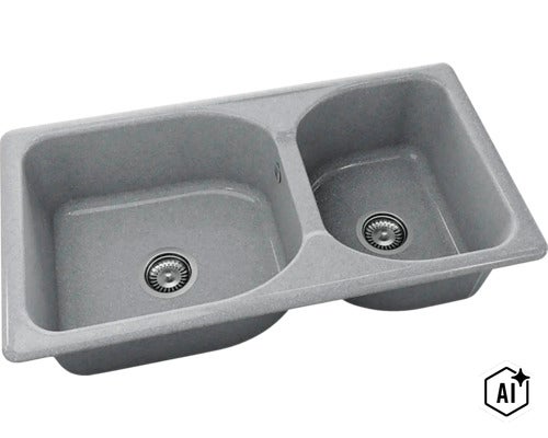 Chiuvetă dublă de bucătărie gri din compozit de granit cu două cuve de dimensiuni diferite și ventile cu sită. (Image AI modified or generated)