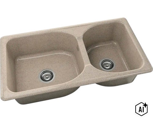 Chiuvetă de bucătărie dublă, dreptunghiulară, din material compozit cu aspect de piatră, cu două cuve de dimensiuni diferite și site. (Image AI modified or generated)