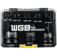 Set adaptori pentru chei tubulare WGB THE WERKZEUG, opt piese, din oțel crom-vanadiu și crom-molibden, în cutie de plastic.